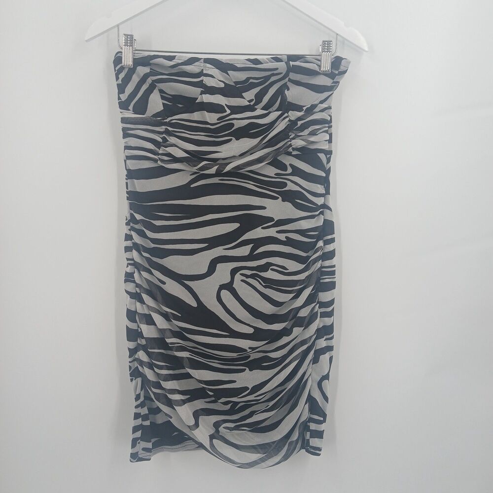 Pretty Little Thing Zebra Print Tube Dress Womens 10 Grey White Mini Y2K Edgy